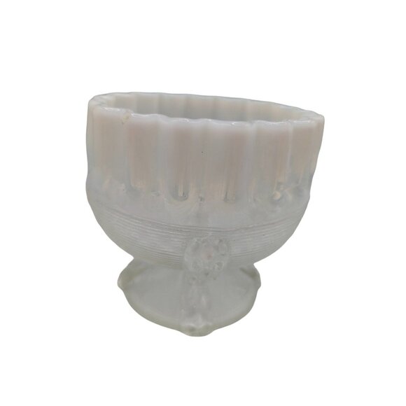 Antique Northwood Glass Opalescent Crimped Top Compote Spool Threaded Pattern - Picture 10 of 14